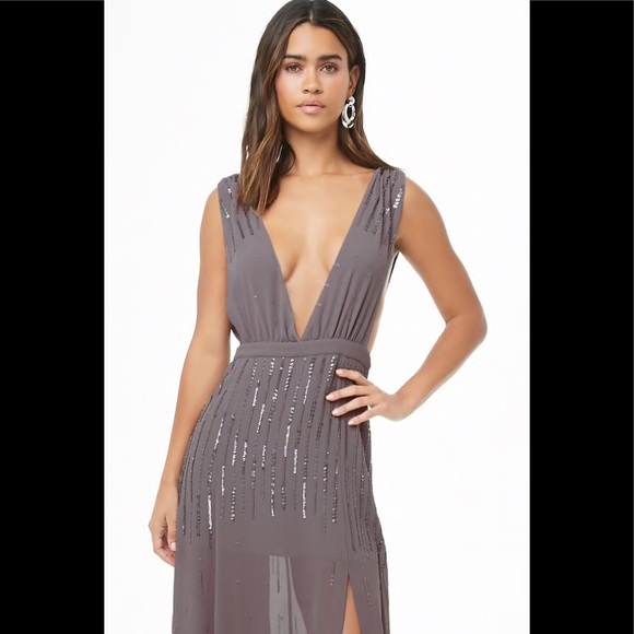 Plunging Sequin Beaded Maxi Dress - Picture 2 of 8